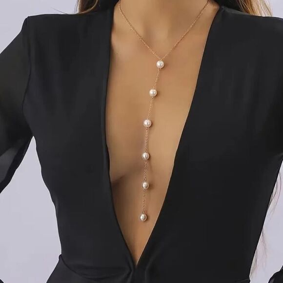 Pearl Y Shaped Necklace Long Pendant Dainty Pearl Drop Silvery or Golden Chain - Picture 13 of 13